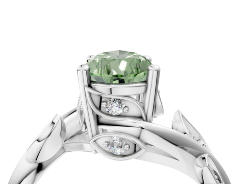 White gold Fancy Green Pear Cut Solitaire Twist Engagement Ring with Leaf Accents and Prong Setting_4