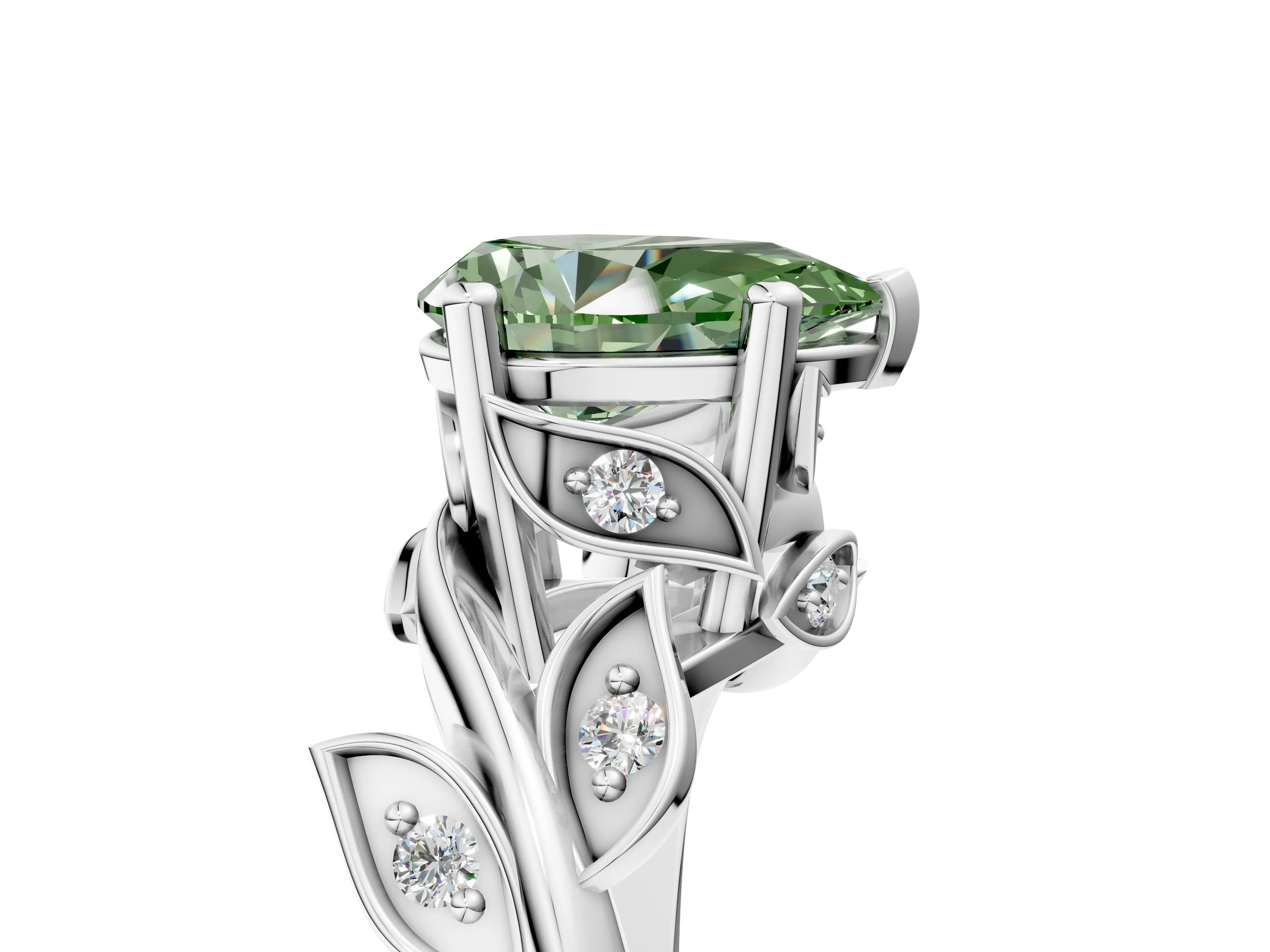 White gold Fancy Green Pear Cut Solitaire Twist Engagement Ring with Leaf Accents and Prong Setting_5