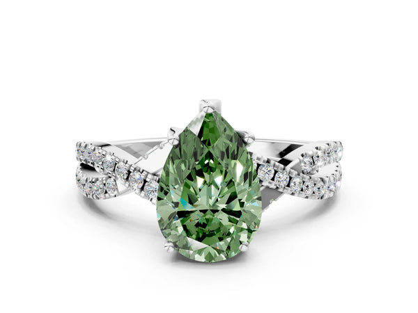 Platinum Fancy Green Pear Cut Solitaire Twist Pave Diamond Engagement Ring with Prong Setting