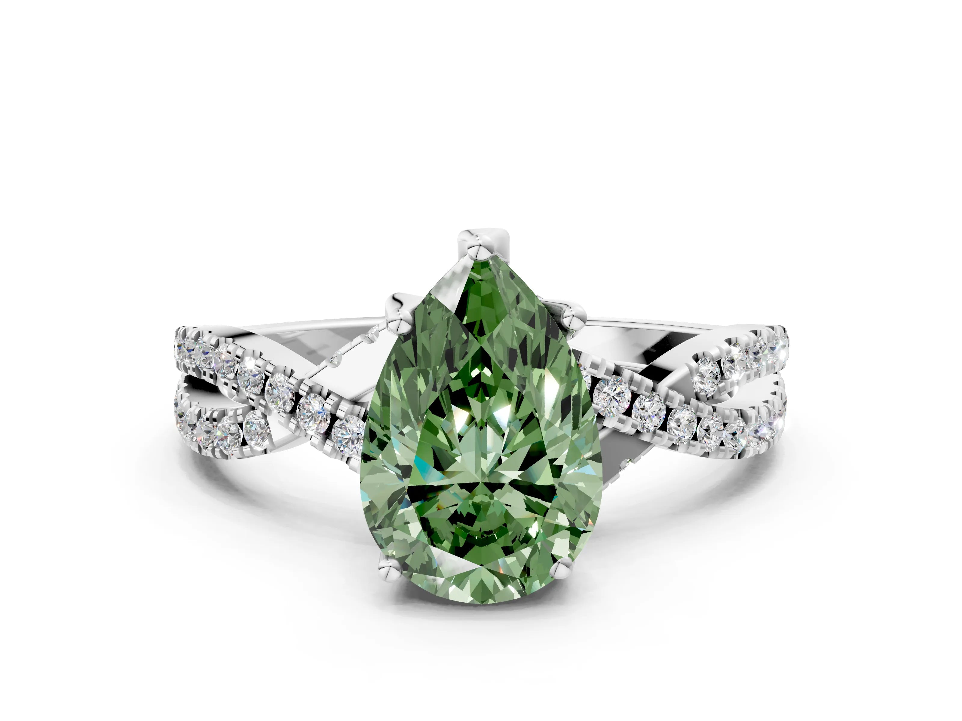 White gold Fancy Green Pear Cut Solitaire Twist Pave Diamond Engagement Ring with Prong Setting_12