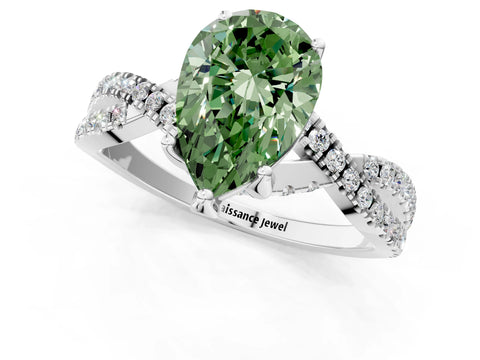 White gold Fancy Green Pear Cut Solitaire Twist Pave Diamond Engagement Ring with Prong Setting_1
