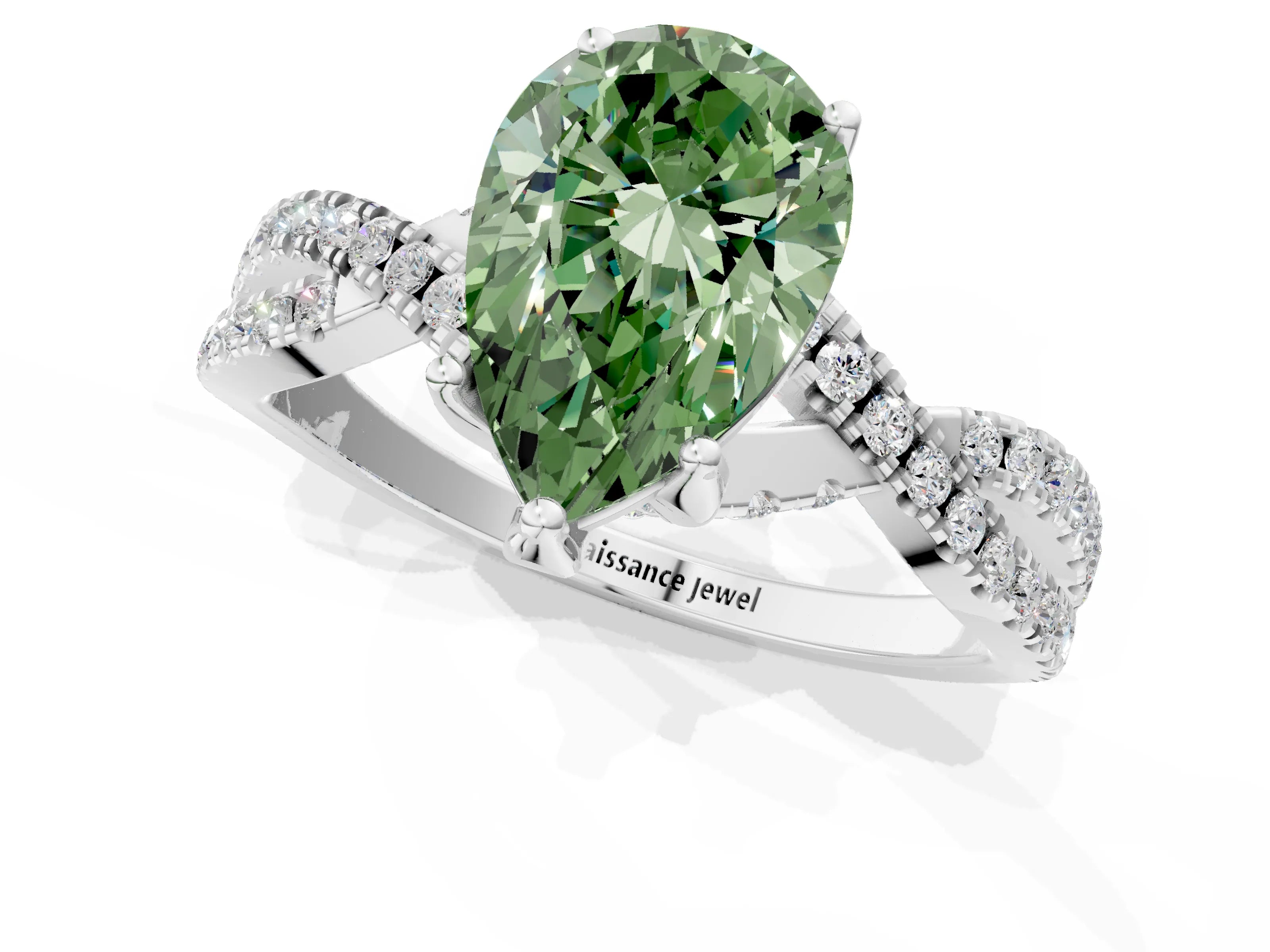 White gold Fancy Green Pear Cut Solitaire Twist Pave Diamond Engagement Ring with Prong Setting_1