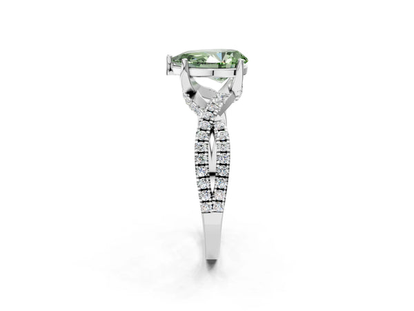 Platinum Fancy Green Pear Cut Solitaire Twist Pave Diamond Engagement Ring with Prong Setting