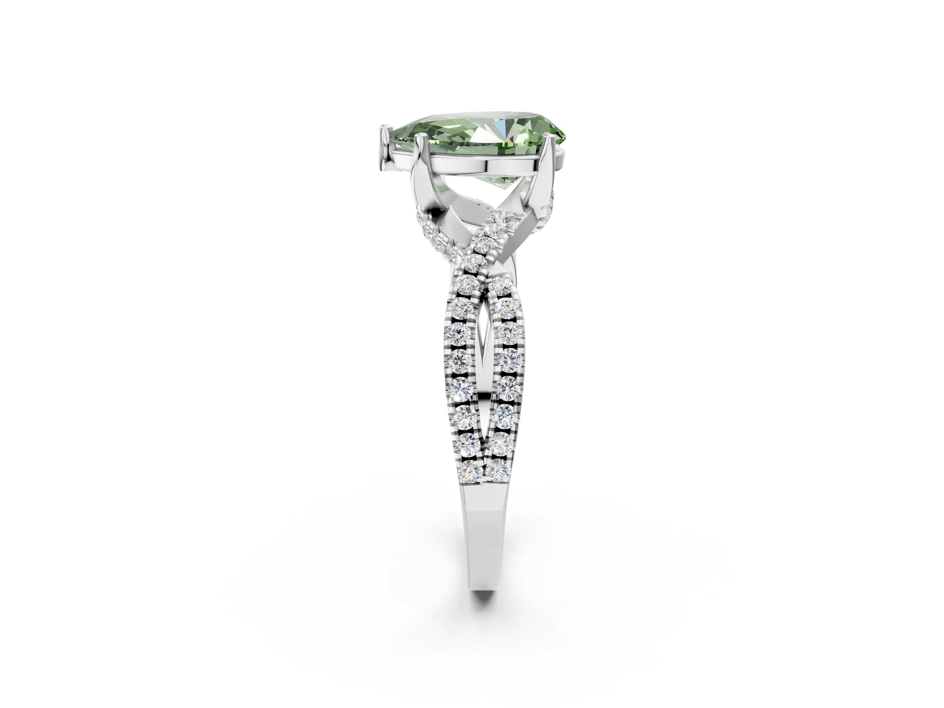 White gold Fancy Green Pear Cut Solitaire Twist Pave Diamond Engagement Ring with Prong Setting_2