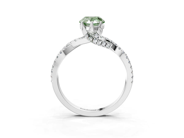 Platinum Fancy Green Pear Cut Solitaire Twist Pave Diamond Engagement Ring with Prong Setting