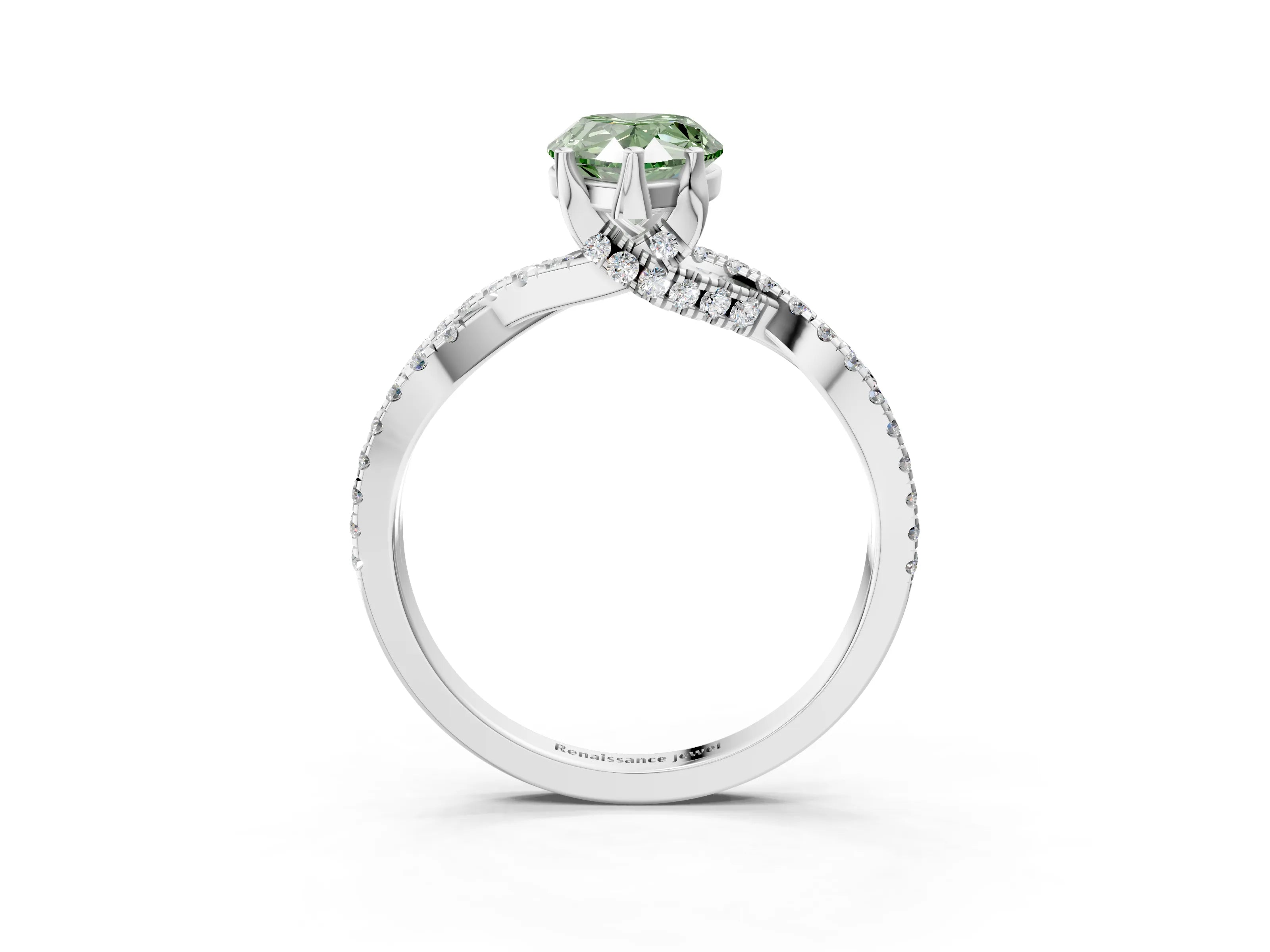 White gold Fancy Green Pear Cut Solitaire Twist Pave Diamond Engagement Ring with Prong Setting_3