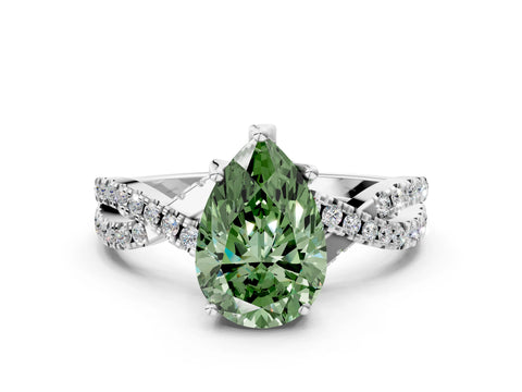 White gold Fancy Green Pear Cut Solitaire Twist Pave Diamond Engagement Ring with Prong Setting