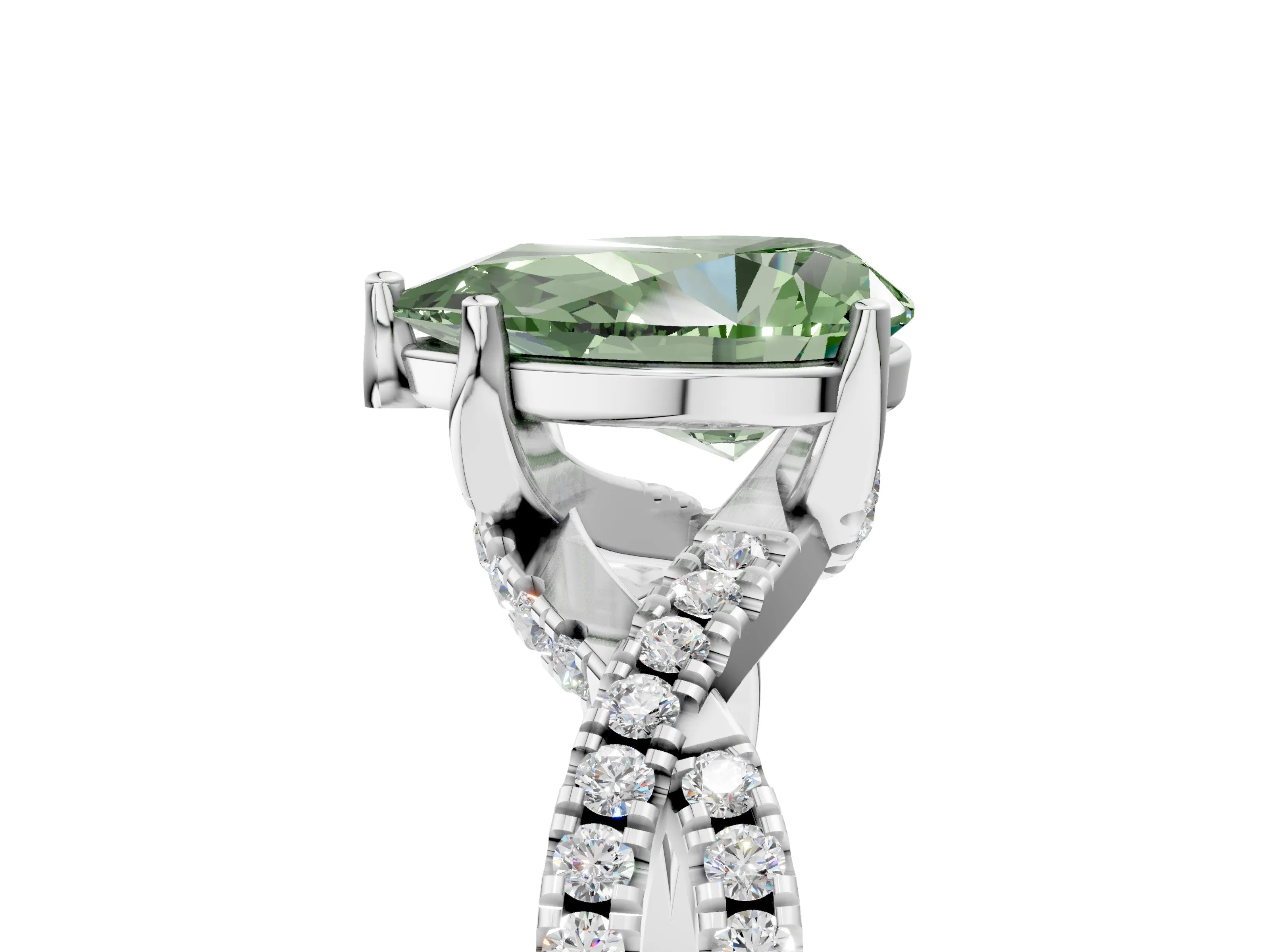 White gold Fancy Green Pear Cut Solitaire Twist Pave Diamond Engagement Ring with Prong Setting_5