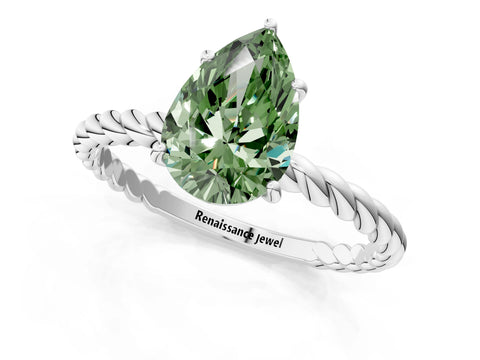 White gold Fancy Green Pear Cut Solitaire Twisted Band 4-Prong Ring_1