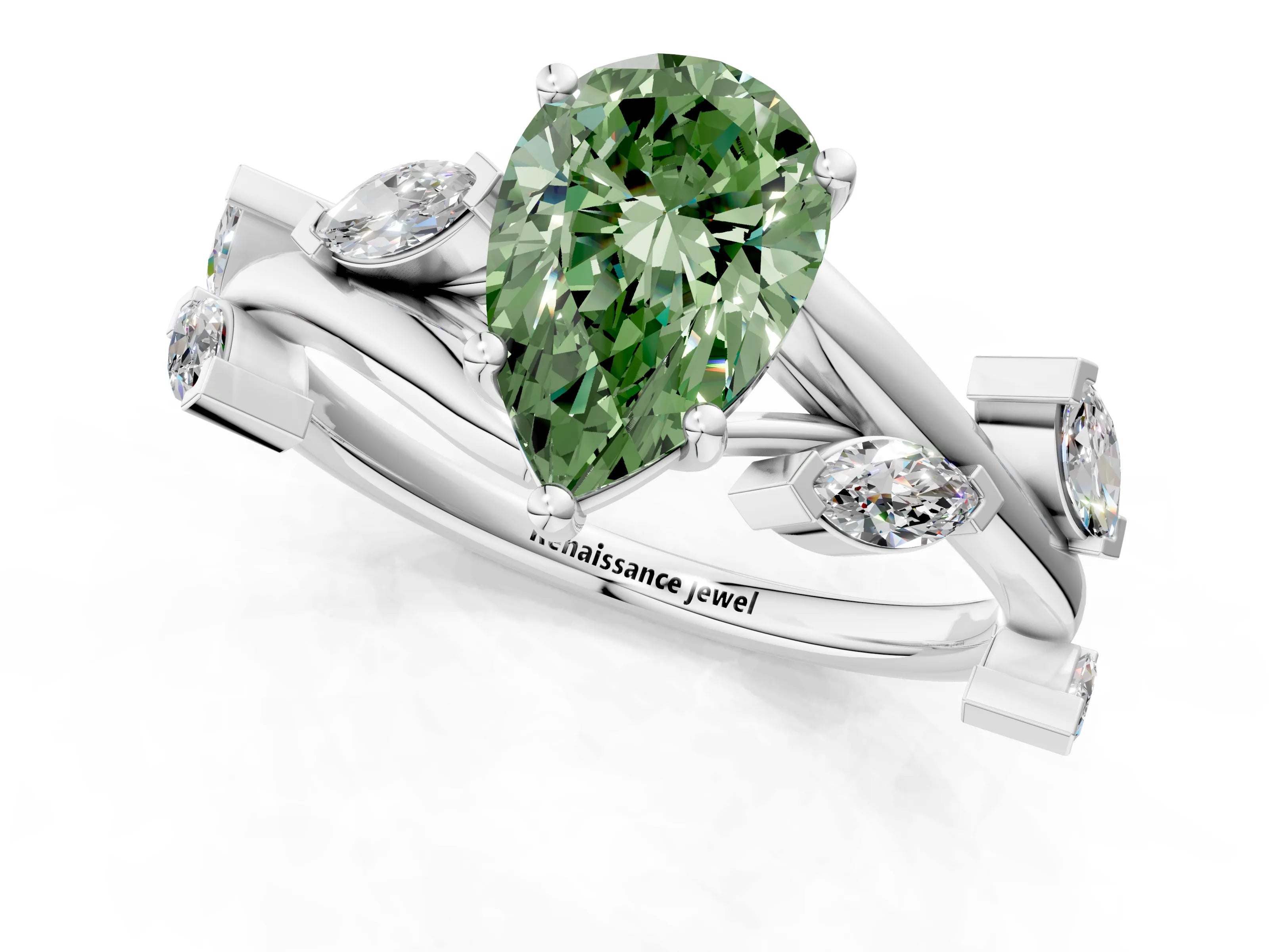 White gold Fancy Green Pear Cut Solitaire Twisted Band Marquise Accent Prong Setting Ring_1