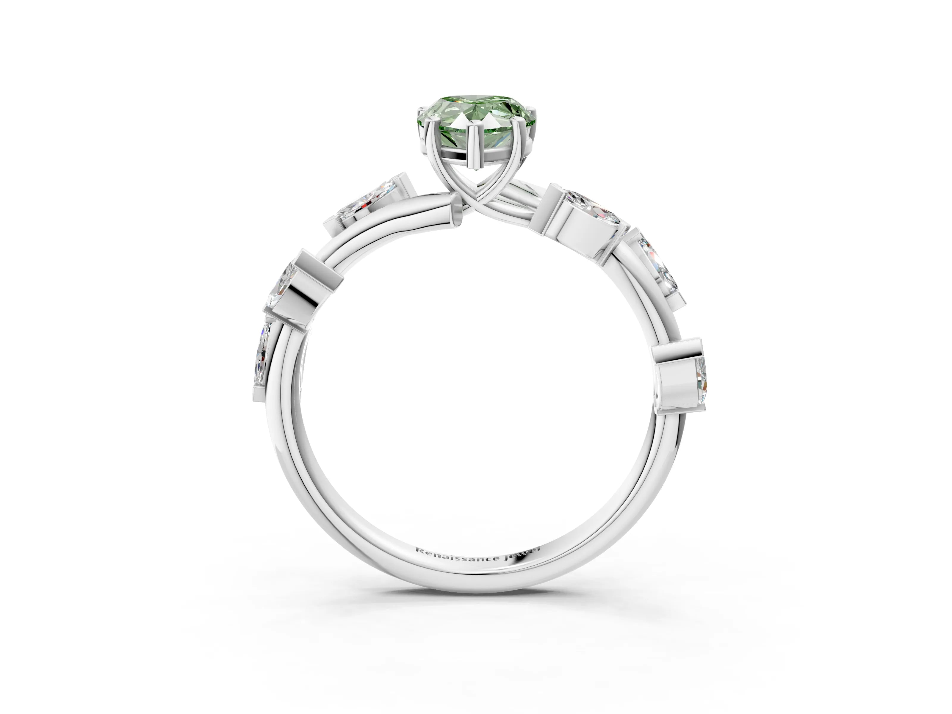 White gold Fancy Green Pear Cut Solitaire Twisted Band Marquise Accent Prong Setting Ring_3