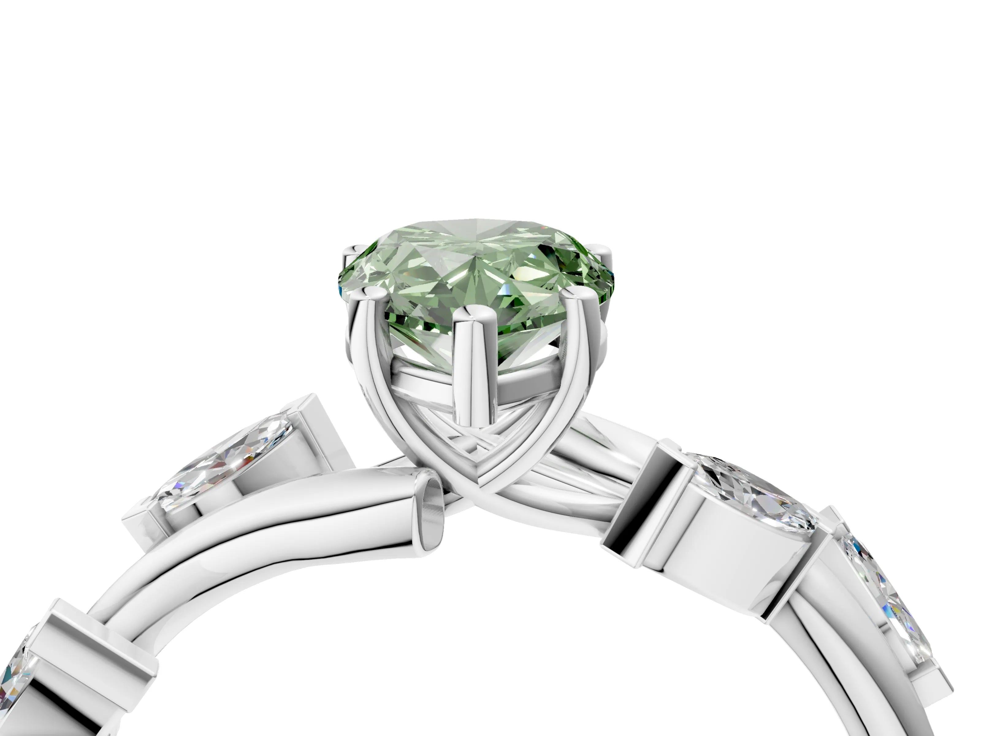 White gold Fancy Green Pear Cut Solitaire Twisted Band Marquise Accent Prong Setting Ring_4