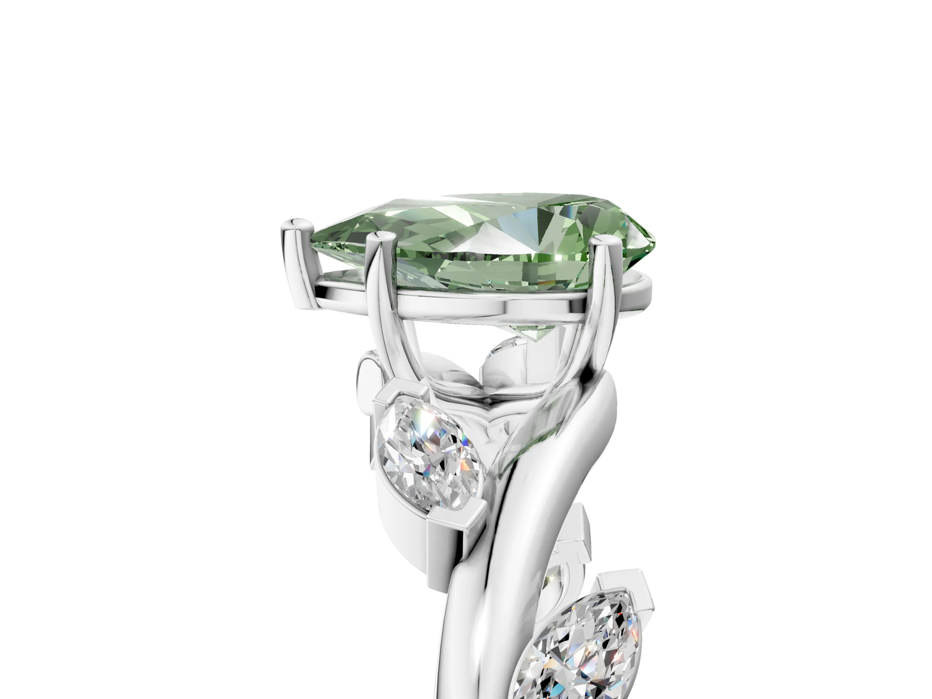 White gold Fancy Green Pear Cut Solitaire Twisted Band Marquise Accent Prong Setting Ring_5