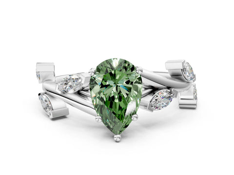 White gold Fancy Green Pear Cut Solitaire Twisted Band Marquise Accent Prong Setting Ring