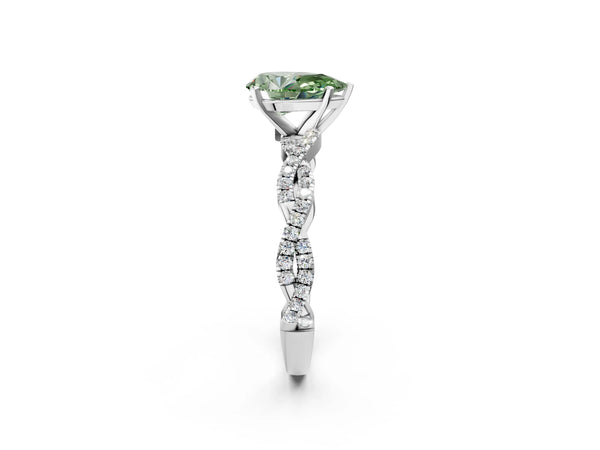 White gold Fancy Green Pear Cut Solitaire Twisted Pave Band with Four-Prong Setting