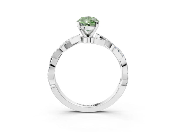 White gold Fancy Green Pear Cut Solitaire Twisted Pave Band with Four-Prong Setting