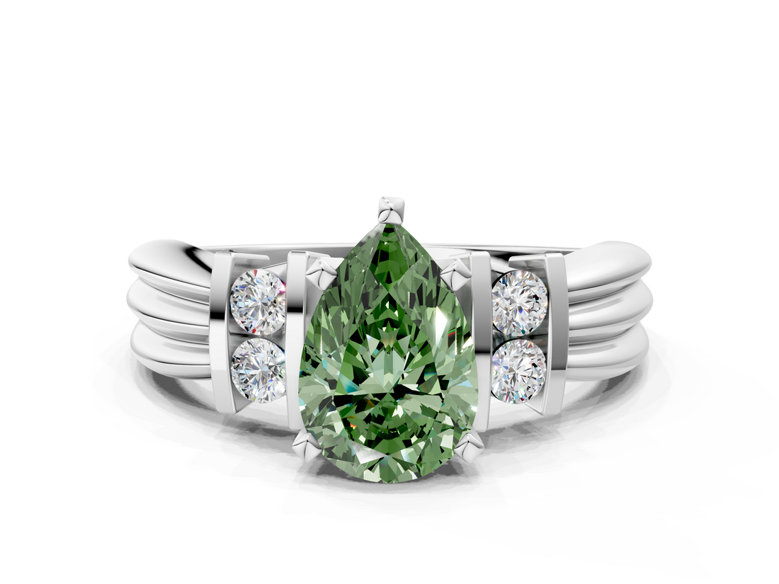 White gold Fancy Green Pear  Cut Three-Stone Channel Set Ring with Bar Prongs_94