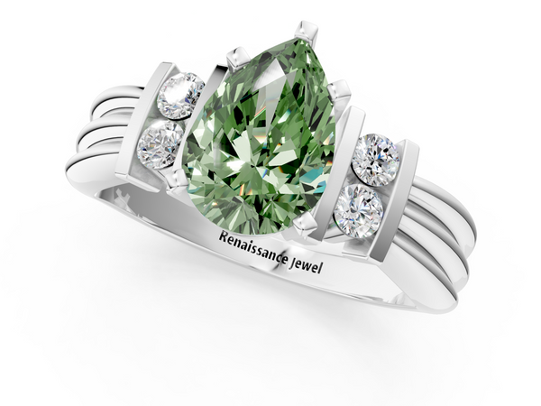 Platinum Fancy Green Pear  Cut Three-Stone Channel Set Ring with Bar Prongs