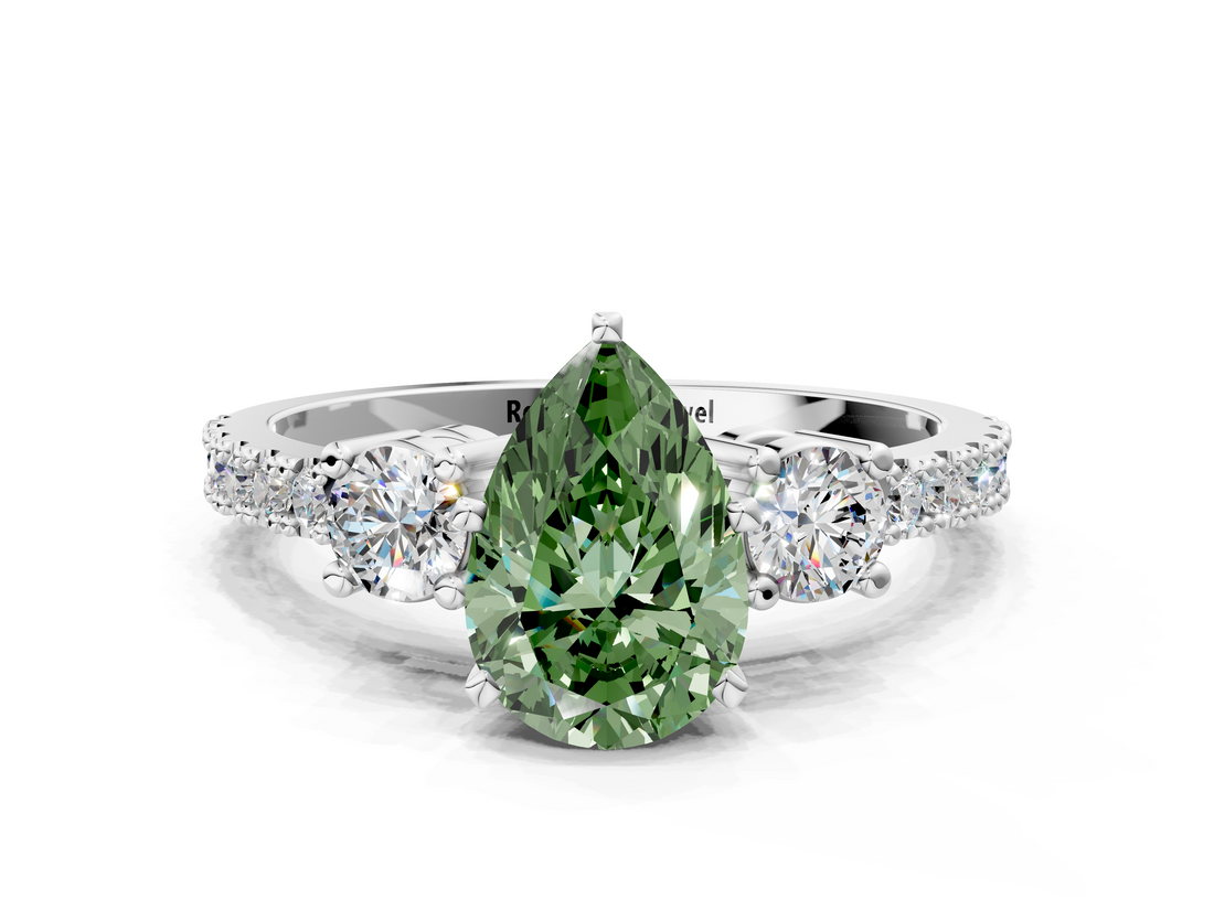 White gold Fancy Green Pear  Cut Three-Stone Diamond Pavé Band with Prong Setting_17