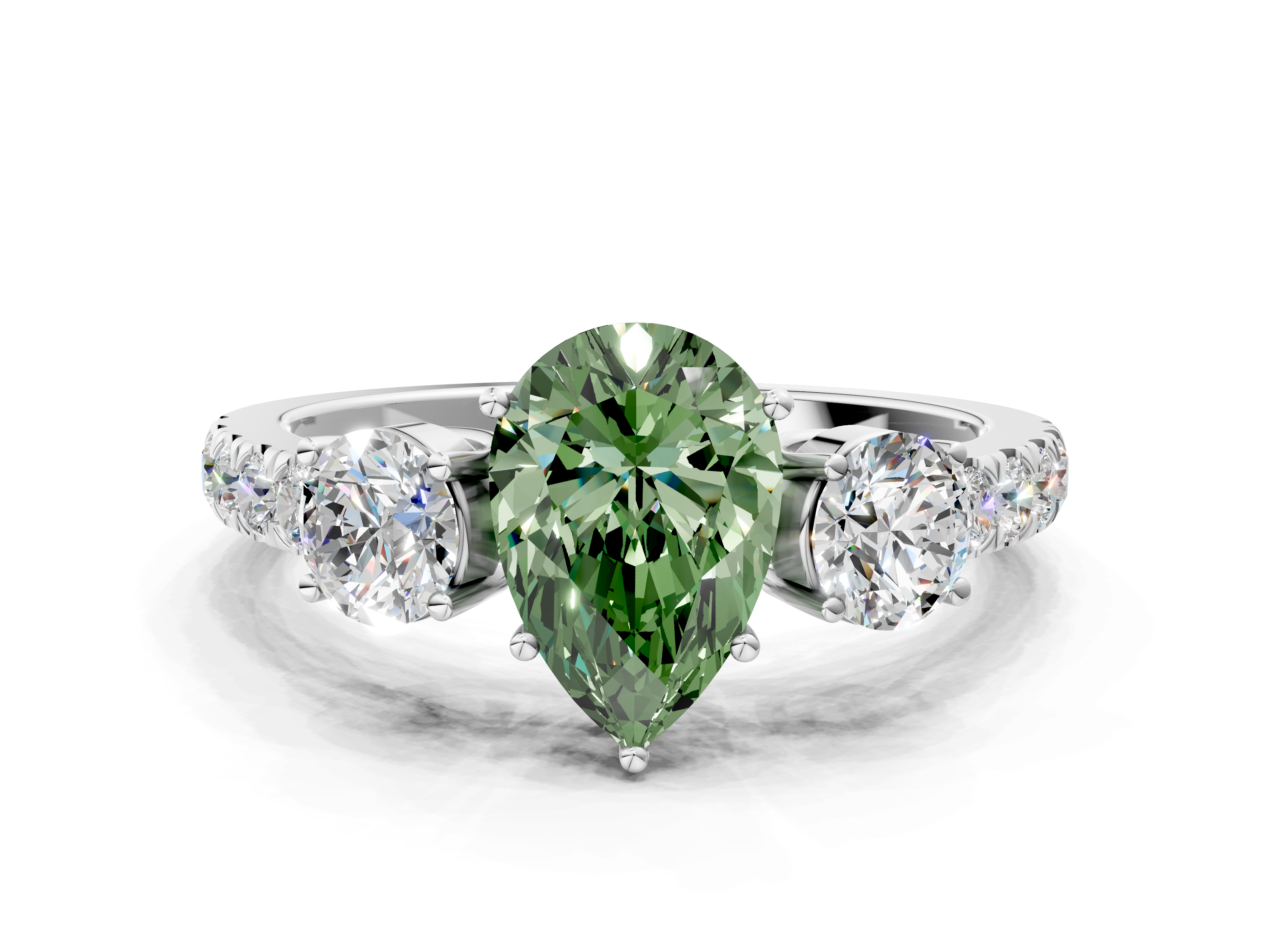 White gold Fancy Green Pear  Cut Three-Stone Diamond Pave Band with Prong Setting_20