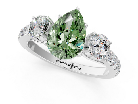 White gold Fancy Green Pear  Cut Three-Stone Diamond Pave Band with Prong Setting_21