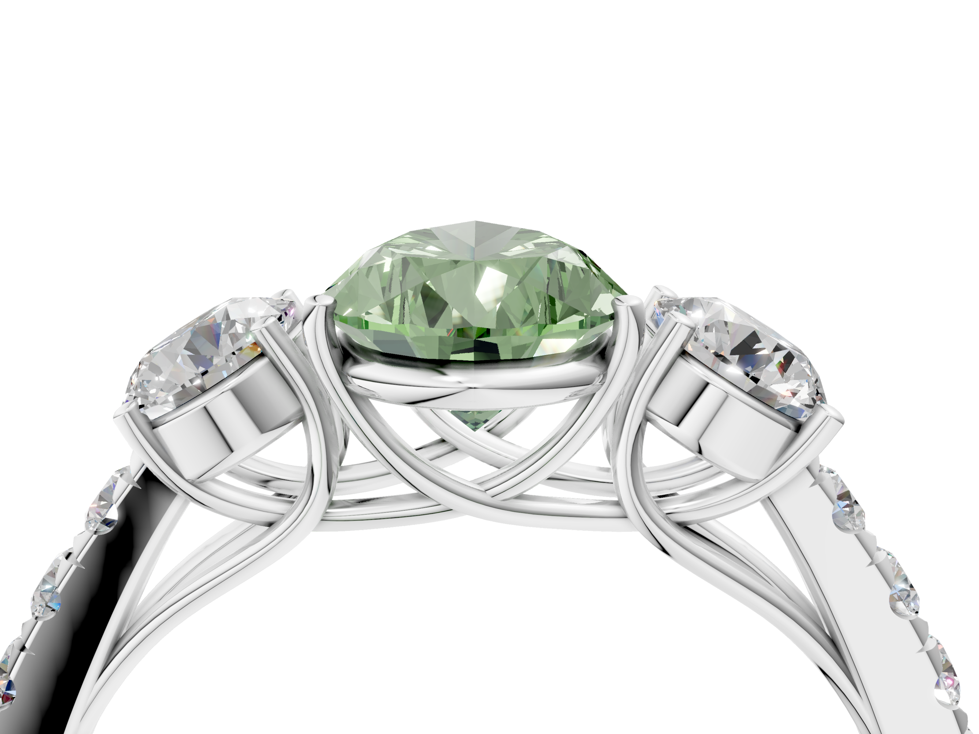 White gold Fancy Green Pear  Cut Three-Stone Diamond Pave Band with Prong Setting_24