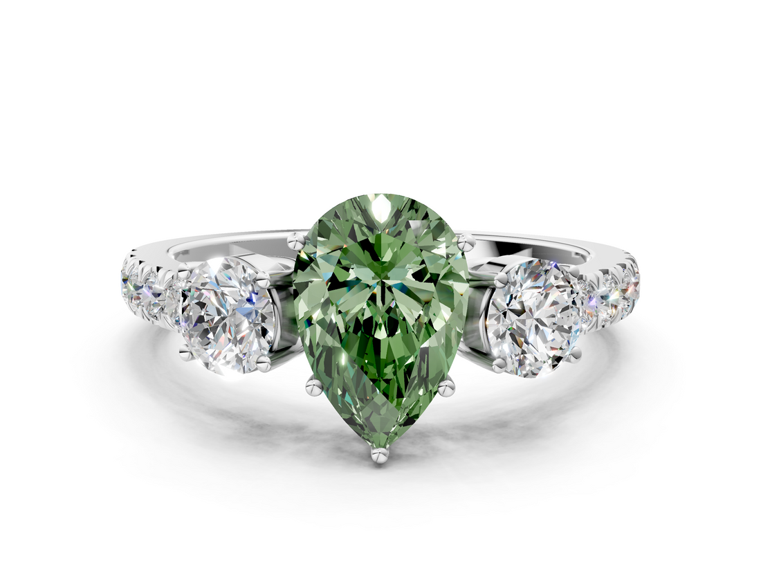 White gold Fancy Green Pear  Cut Three-Stone Diamond Pave Band with Prong Setting_37