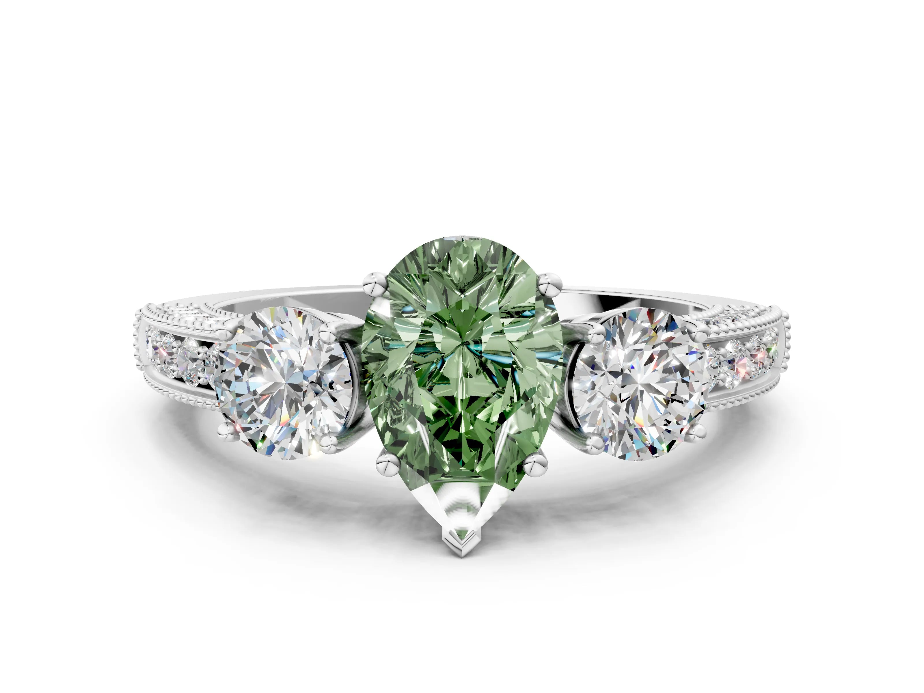 White gold Fancy Green Pear Cut Three-Stone Diamond Ring with Pavé Band and Four-Prong Setting_12