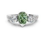 White gold Fancy Green Pear Cut Three-Stone Diamond Ring with Pavé Band and Four-Prong Setting_12