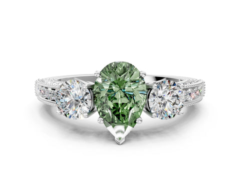 White gold Fancy Green Pear Cut Three-Stone Diamond Ring with Pavé Band and Four-Prong Setting_12