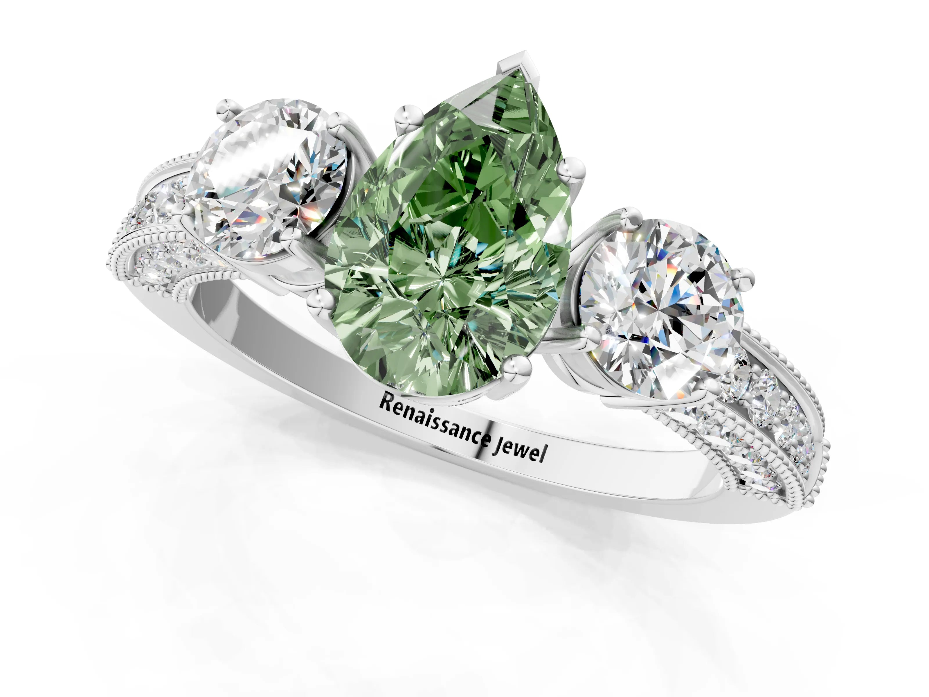White gold Fancy Green Pear Cut Three-Stone Diamond Ring with Pavé Band and Four-Prong Setting_13