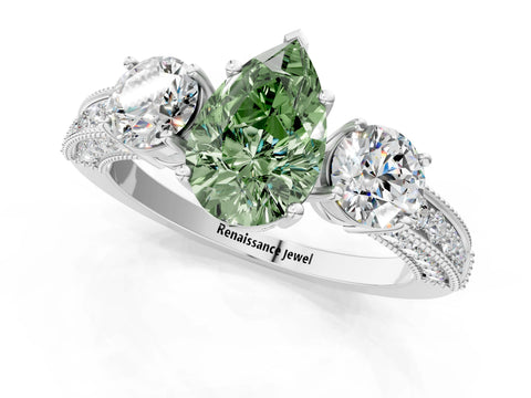 White gold Fancy Green Pear Cut Three-Stone Diamond Ring with Pavé Band and Four-Prong Setting_13