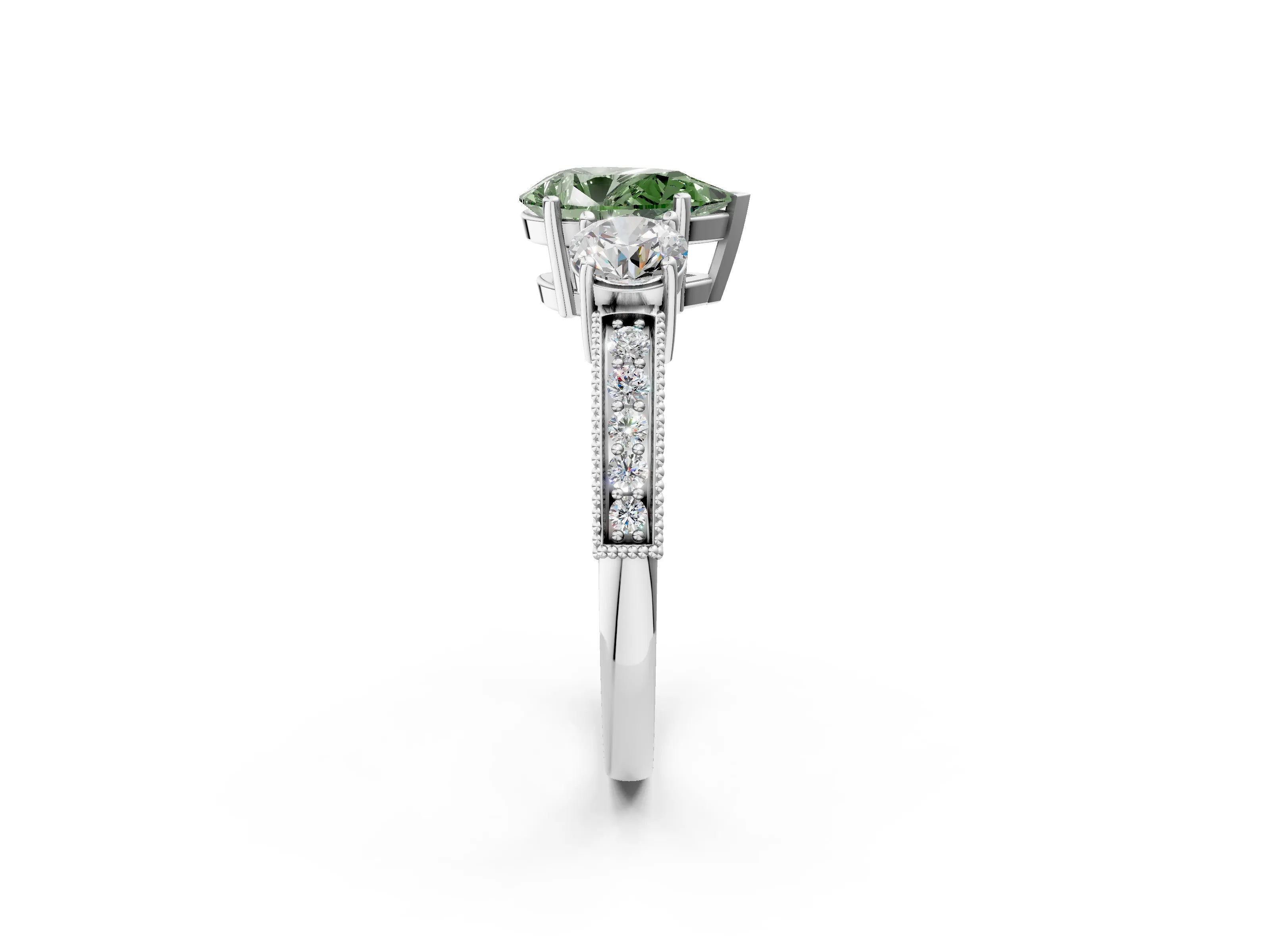 White gold Fancy Green Pear Cut Three-Stone Diamond Ring with Pavé Band and Four-Prong Setting_14