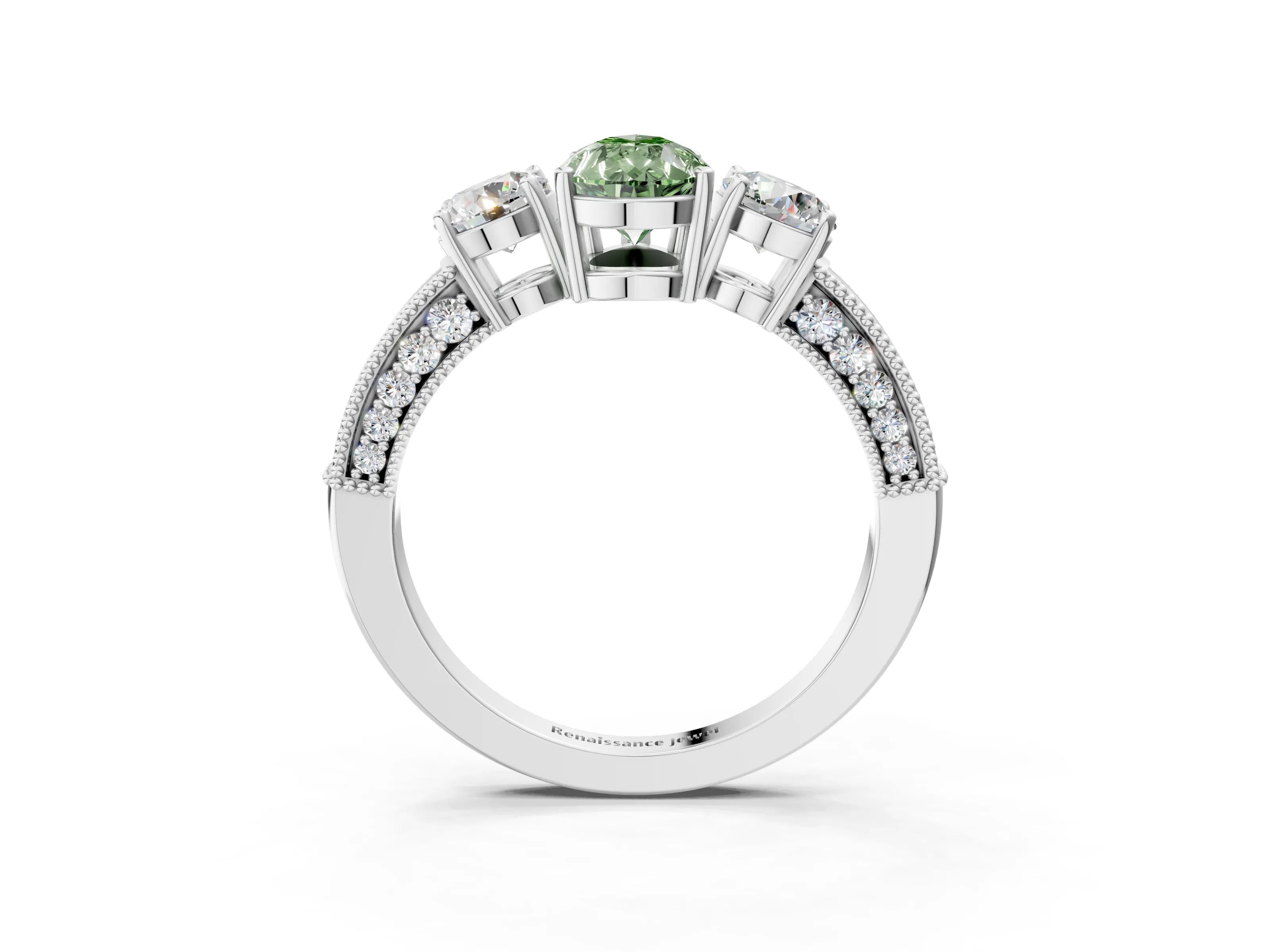 White gold Fancy Green Pear Cut Three-Stone Diamond Ring with Pavé Band and Four-Prong Setting_15