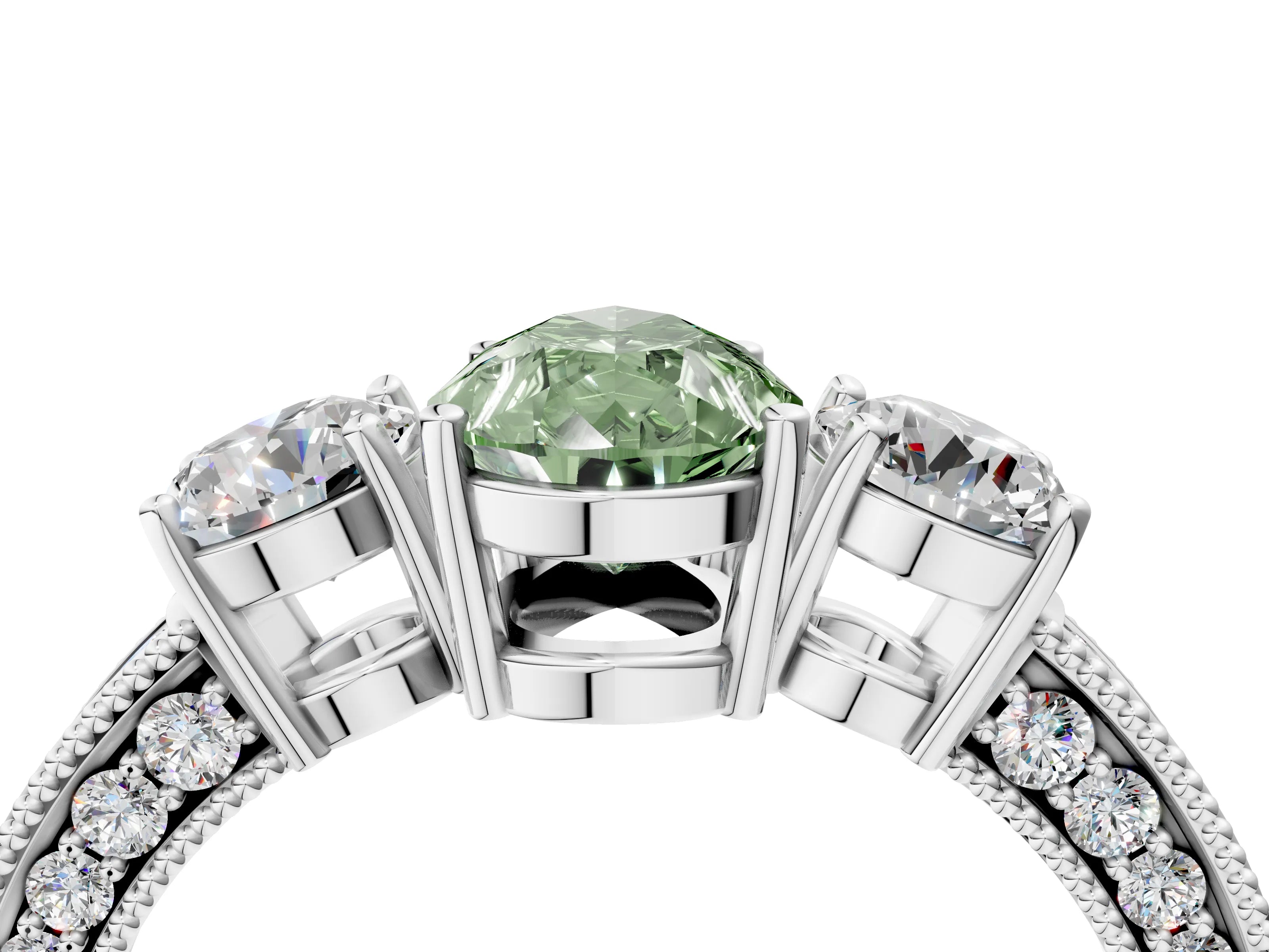 White gold Fancy Green Pear Cut Three-Stone Diamond Ring with Pavé Band and Four-Prong Setting_16