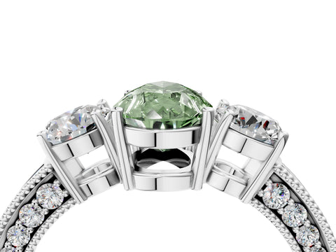 White gold Fancy Green Pear Cut Three-Stone Diamond Ring with Pavé Band and Four-Prong Setting_16