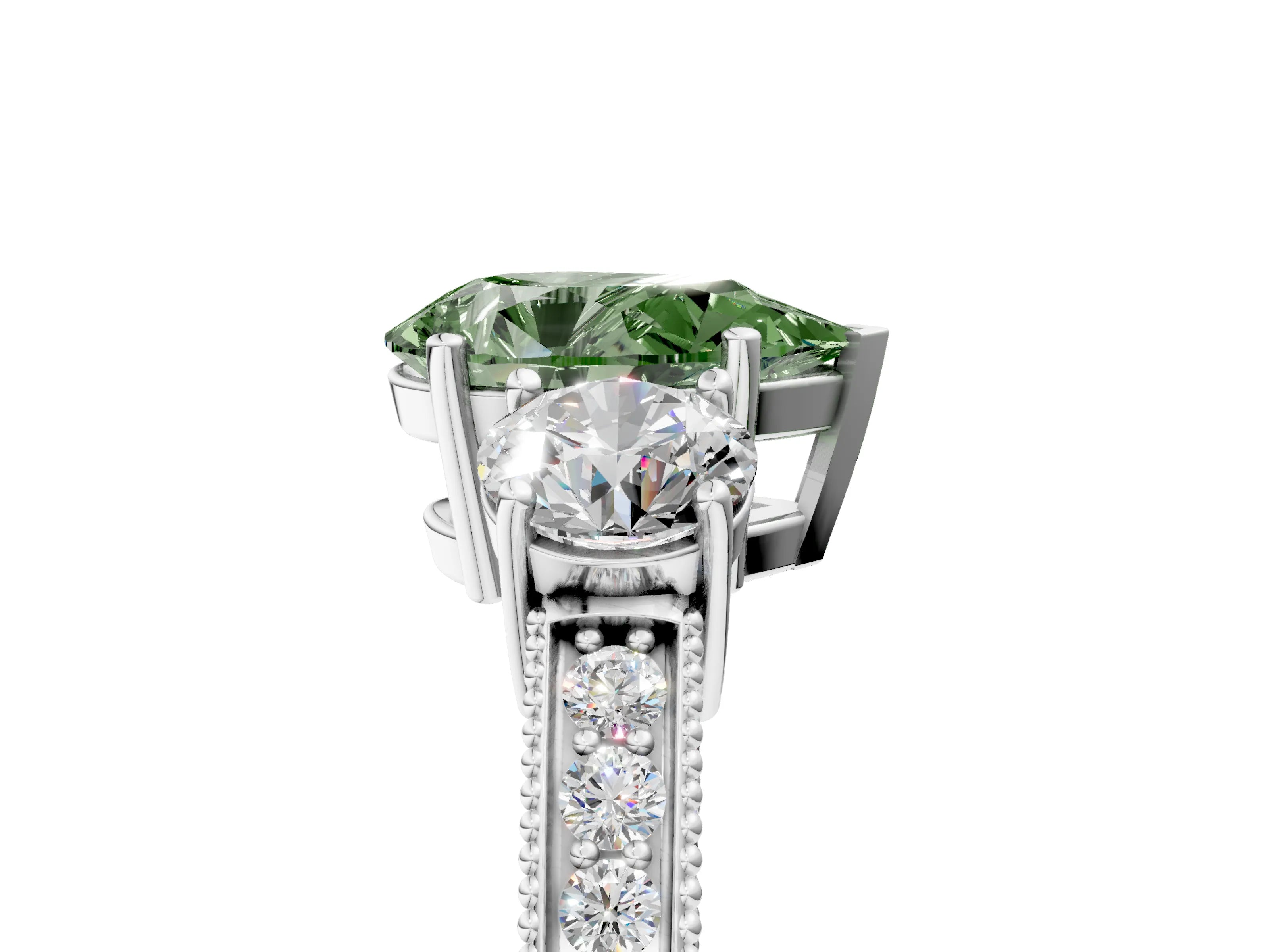 White gold Fancy Green Pear Cut Three-Stone Diamond Ring with Pavé Band and Four-Prong Setting_17