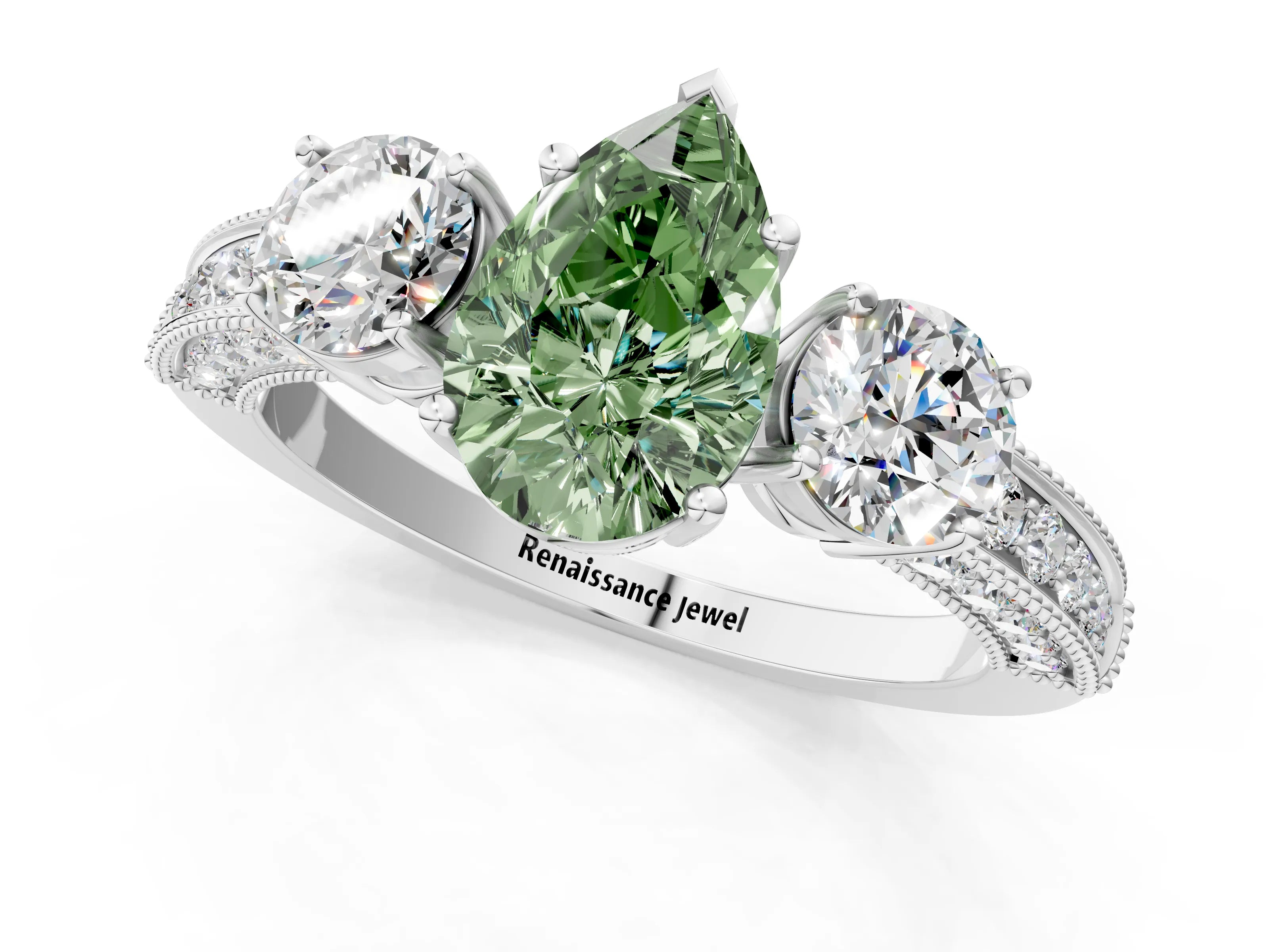 White gold Fancy Green Pear Cut Three-Stone Diamond Ring with Pavé Band and Four-Prong Setting_1