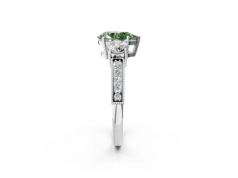 White gold Fancy Green Pear Cut Three-Stone Diamond Ring with Pavé Band and Four-Prong Setting_2