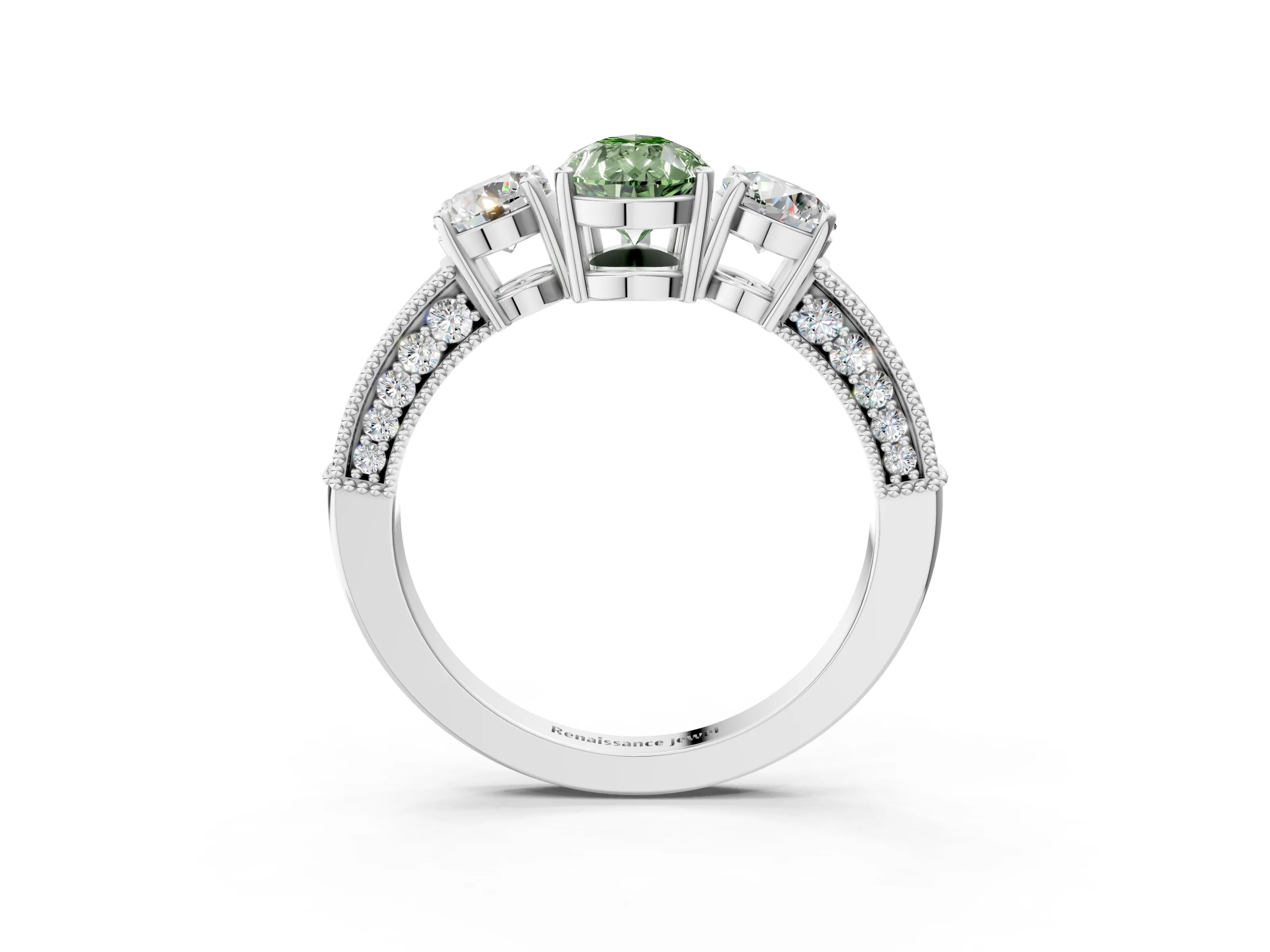 White gold Fancy Green Pear Cut Three-Stone Diamond Ring with Pavé Band and Four-Prong Setting_3