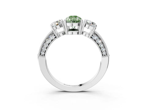 White gold Fancy Green Pear Cut Three-Stone Diamond Ring with Pavé Band and Four-Prong Setting_3