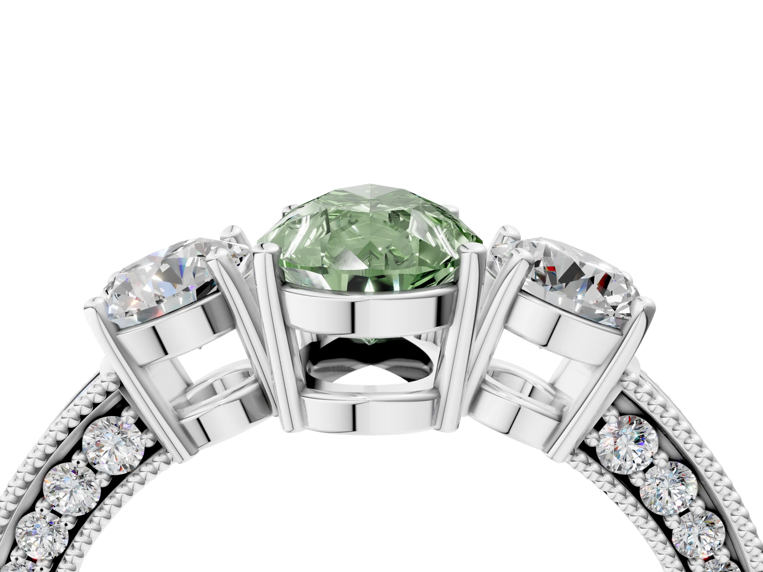 White gold Fancy Green Pear Cut Three-Stone Diamond Ring with Pavé Band and Four-Prong Setting_4