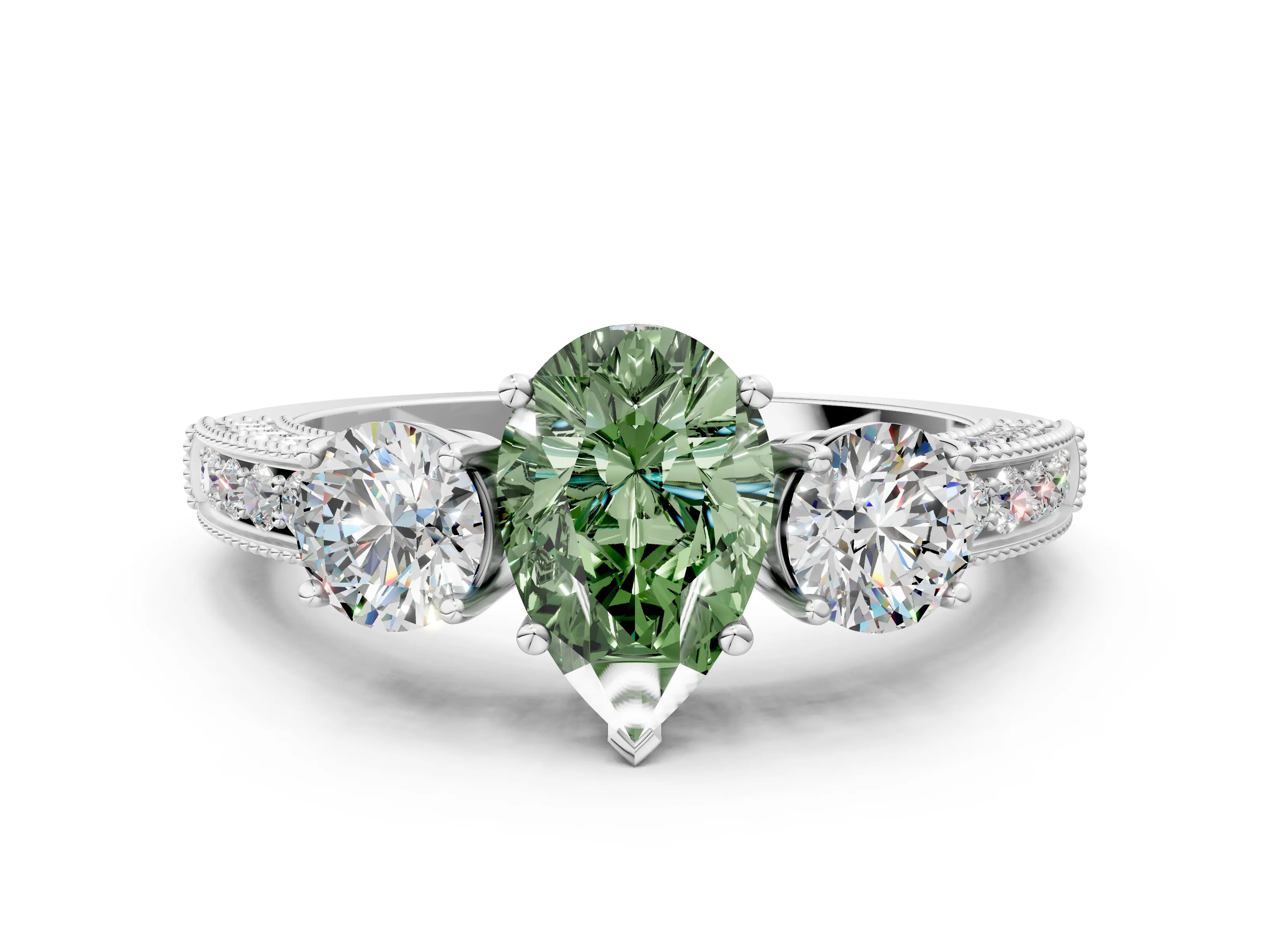 White gold Fancy Green Pear Cut Three-Stone Diamond Ring with Pavé Band and Four-Prong Setting