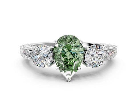 White gold Fancy Green Pear Cut Three-Stone Diamond Ring with Pavé Band and Four-Prong Setting