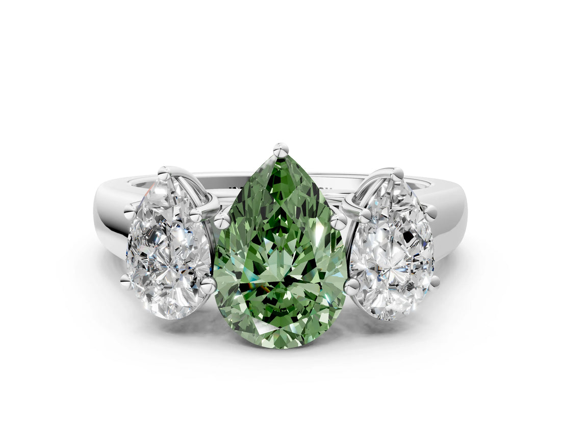 White gold Fancy Green Pear Cut Three-Stone Diamond Ring with Prong Setting on a Classic Band_6