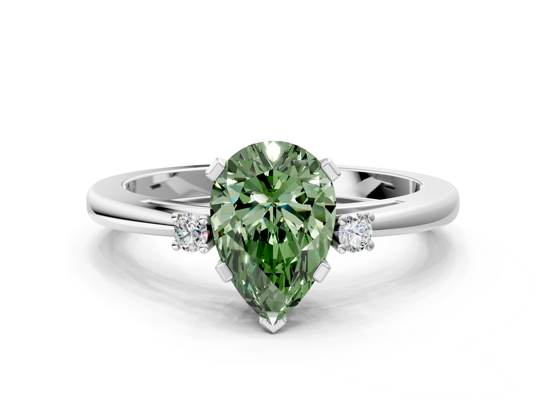 White gold Fancy Green Pear  Cut Three-Stone Solitaire Ring with Round Accent Diamonds and Four-Prong Setting_20