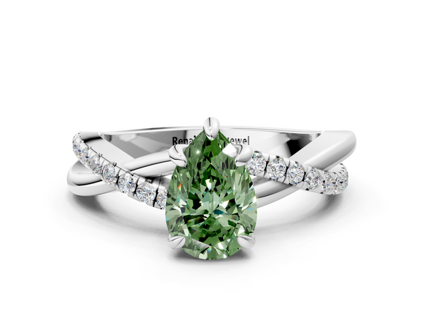 Platinum Fancy Green Pear  Cut Twist Band Solitaire Diamond Ring with Pavé Setting