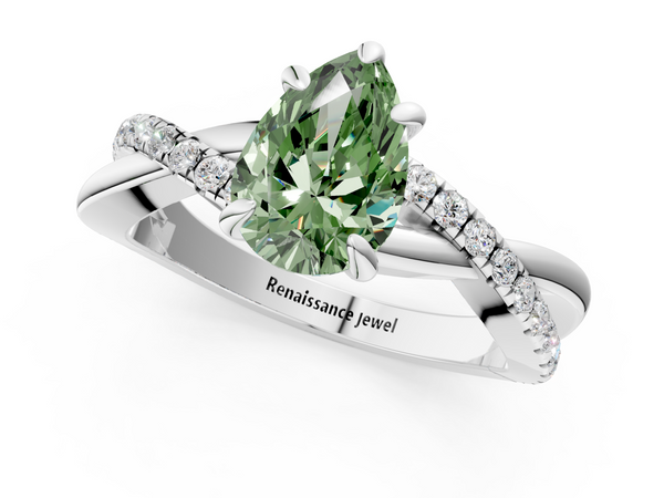 Platinum Fancy Green Pear  Cut Twist Band Solitaire Diamond Ring with Pavé Setting