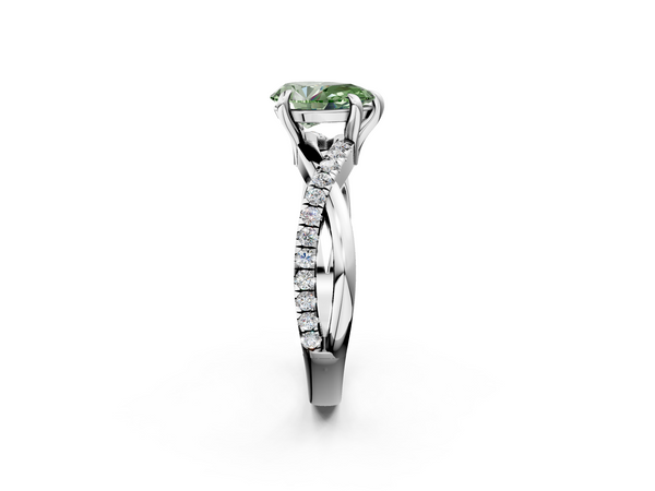 Platinum Fancy Green Pear  Cut Twist Band Solitaire Diamond Ring with Pavé Setting