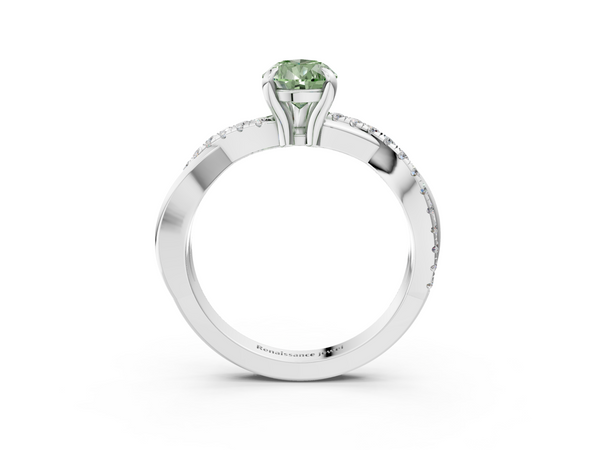 Platinum Fancy Green Pear  Cut Twist Band Solitaire Diamond Ring with Pavé Setting